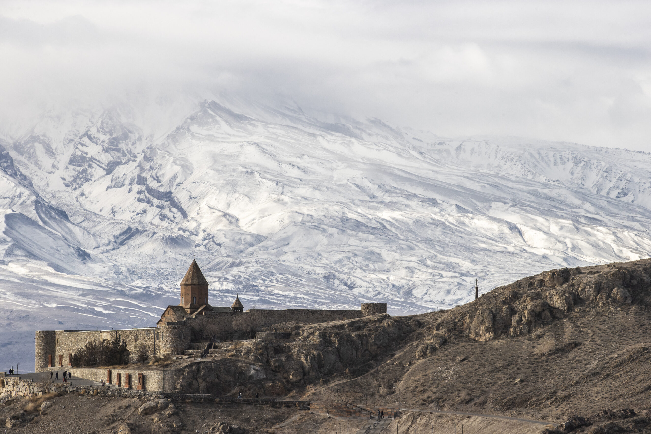 View of visitors of Khor Virab Monastery in Armenia: Mount Ararat